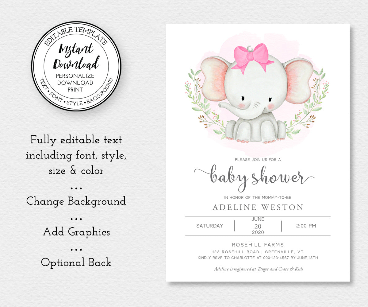 Editable baby shower invitation template with elephant and pink bow