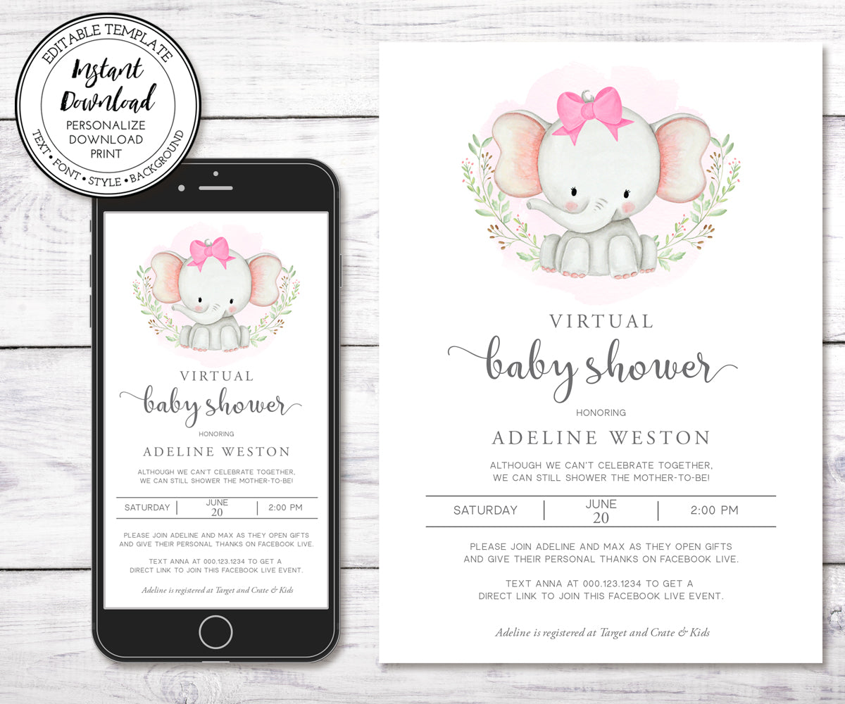 Virtual Baby Shower Invitation, Elephant Baby Shower, Girl Baby Shower, Long Distance Shower, Instant Download, Editable Template