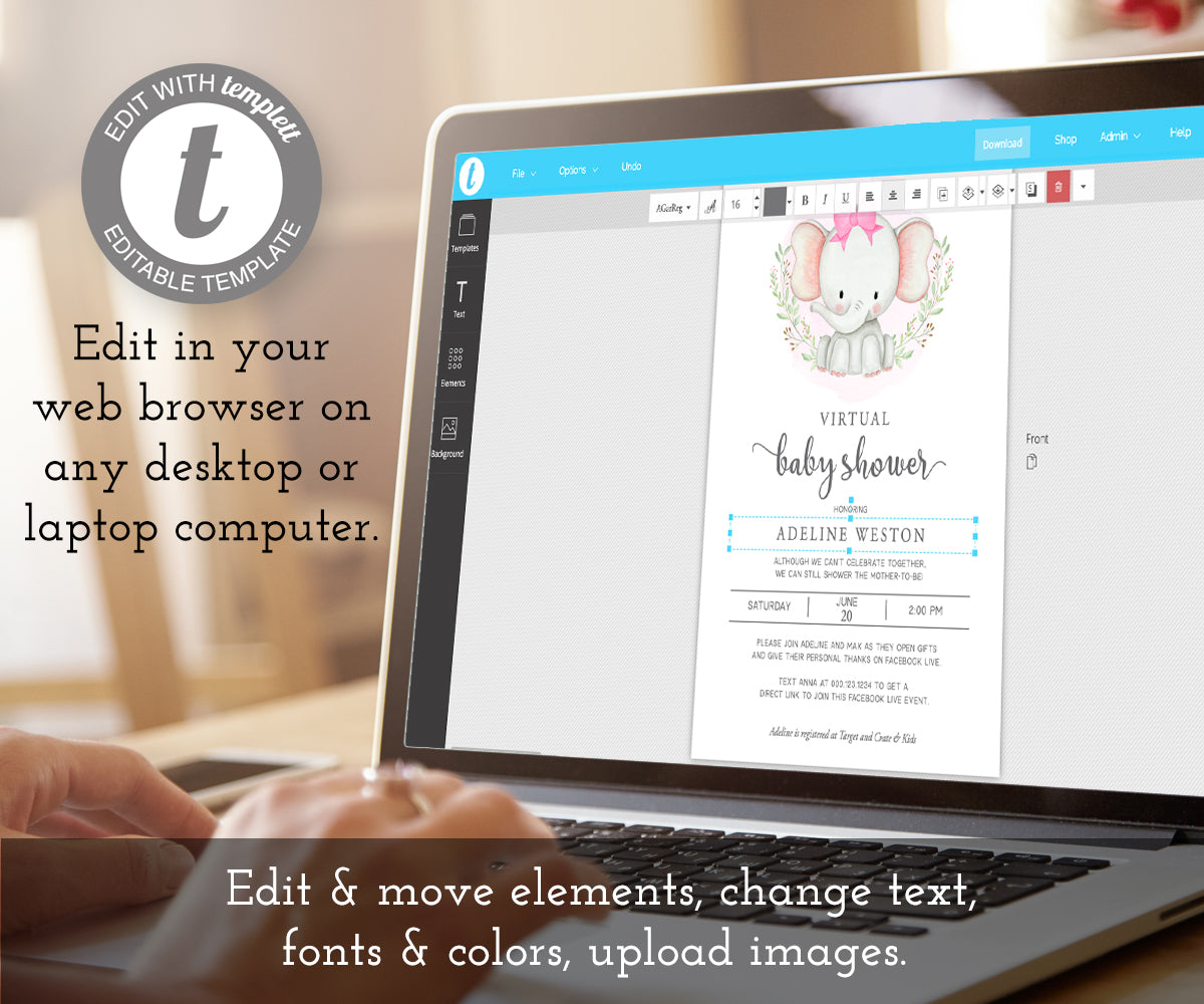 Virtual Baby Shower Invitation, Elephant Baby Shower, Girl Baby Shower, Long Distance Shower, Instant Download, Editable Template, How to Edit