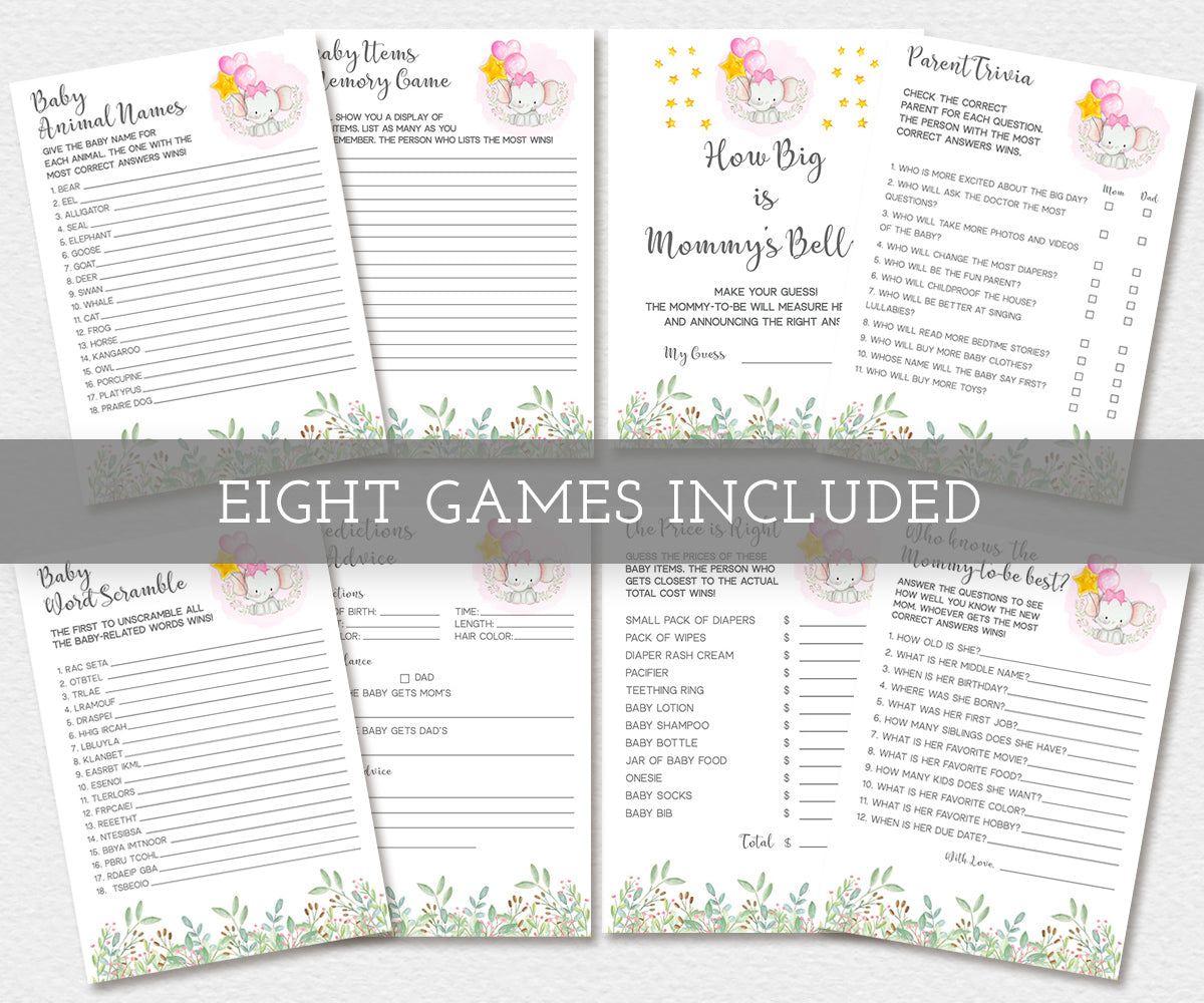 baby elephant, girl baby shower games bundle