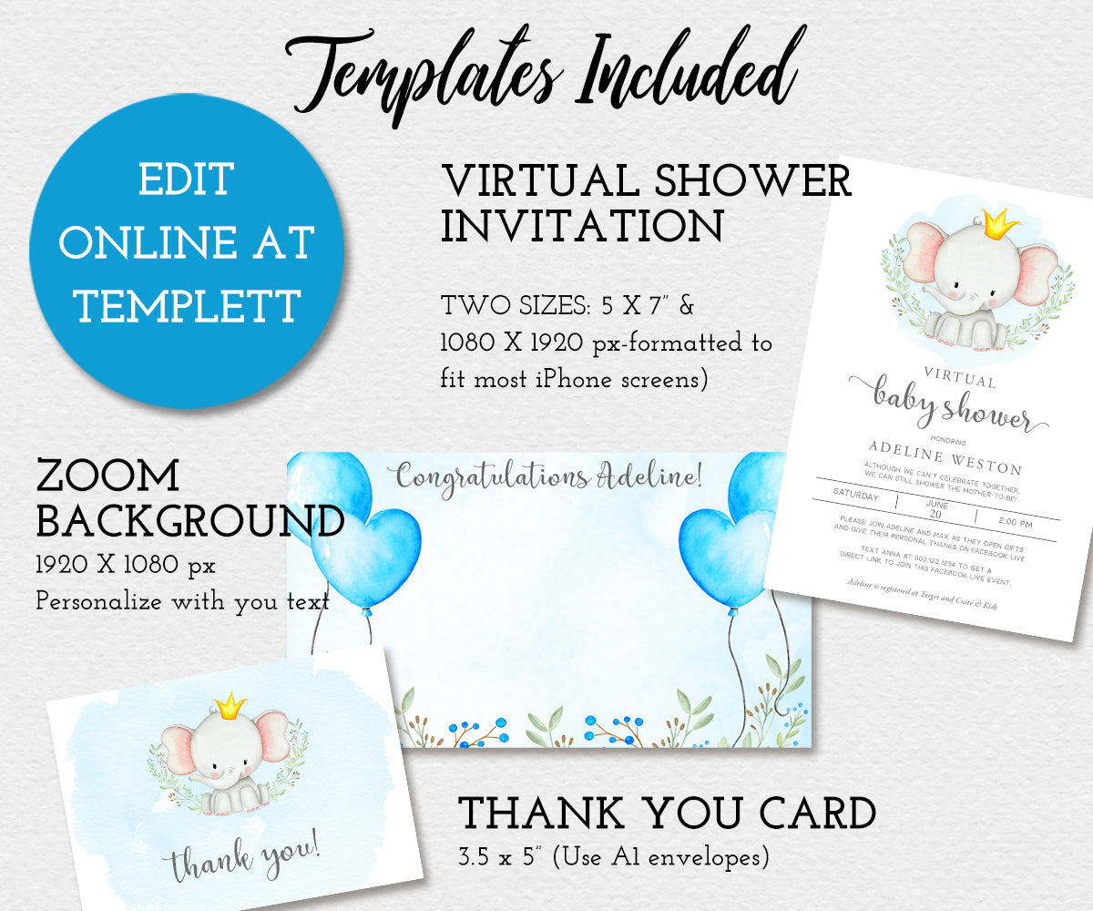 Boy Elephant virtual baby shower templates, invitaton, zoom background, thank you card
