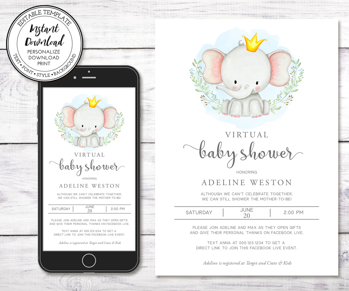 Virtual Baby Shower Invitation, Elephant Baby Shower, Boy Baby Shower, Long Distance Shower, Instant Download, Editable Template
