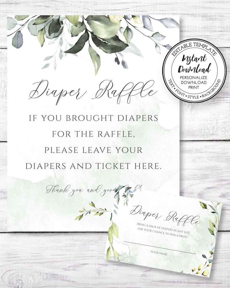 Greenery baby shower diaper raffle sign and card