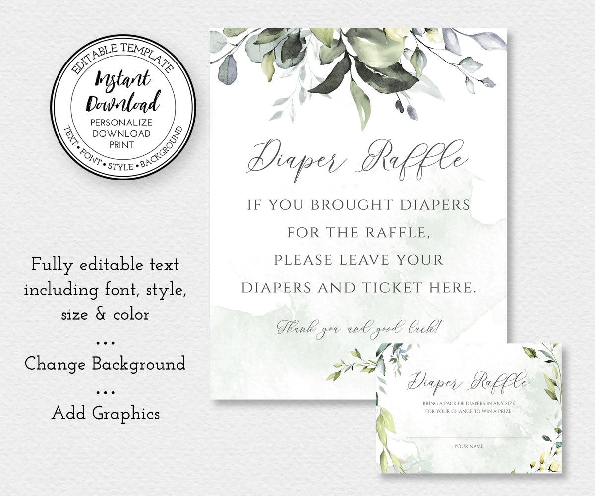 greenery diaper raffle sign and card