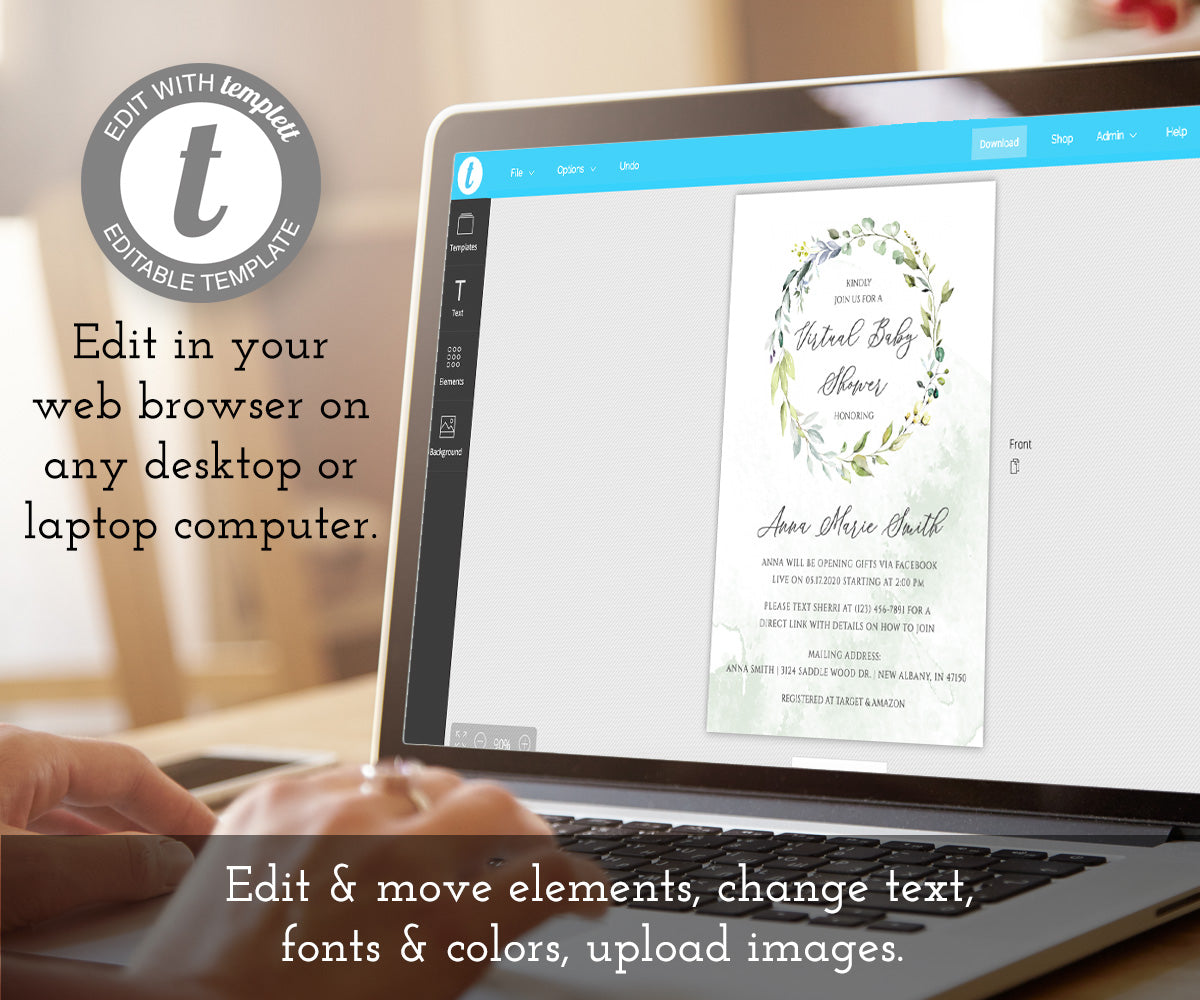 Edit onlline at templett, greenery virtual baby shower invitation