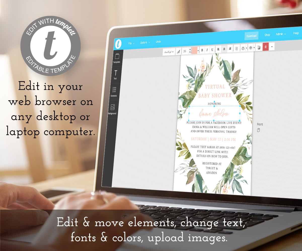 How to Edit, Greenery Virtual Baby Shower Invitation, Online Baby Shower, Digital Long Distance Shower, Instant Download, Editable Template