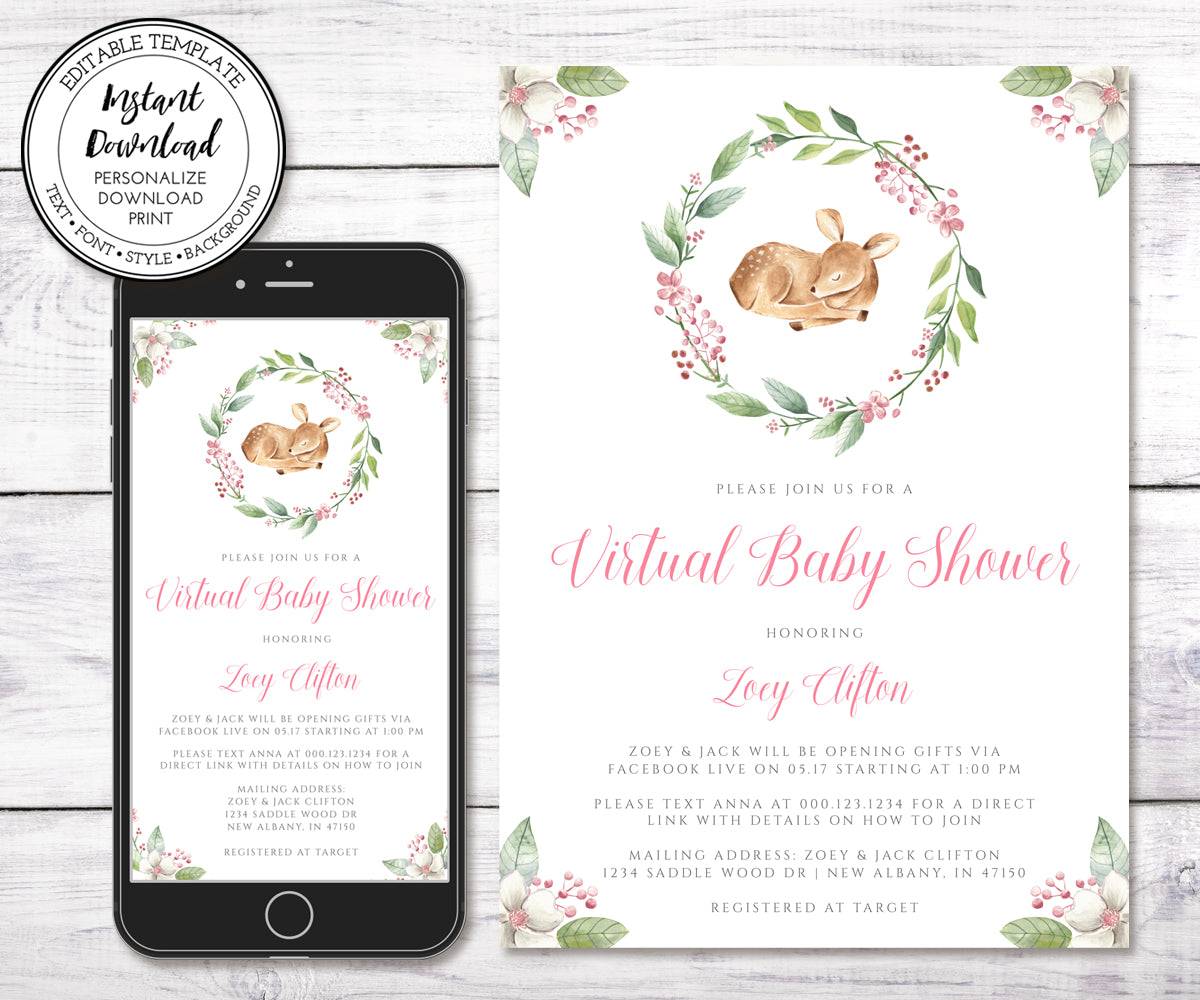 Deer Baby Shower Invitation, Editable Template, Virtual Baby Shower, Social Distancing Shower, Long Distance Shower, Instant Download