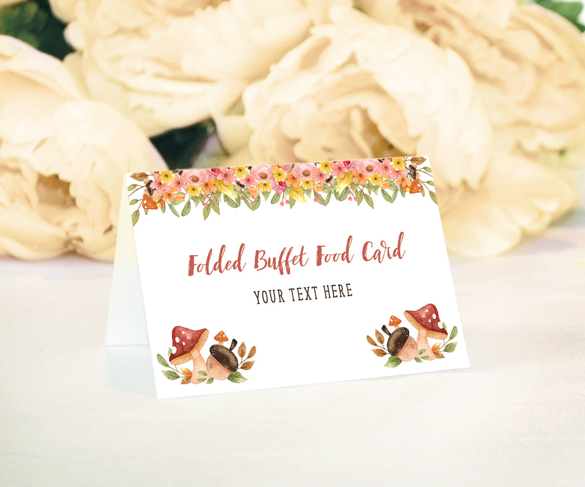 Folded buffet food card, table tent with colorful flower border, mushrooms and acorns, editable text for woodland baby shower buffet or dessert table cards