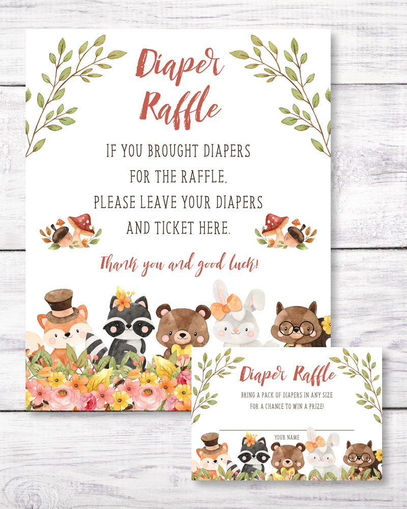 Woodland baby shower diaper raffle sign and card featuring adorable baby forest animals