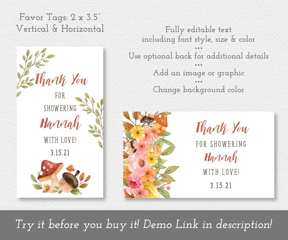 Woodland baby shower favor tags, vertical with tag with mushrooms and acorns, horizontal tag with orange and yellow flowers and greenery