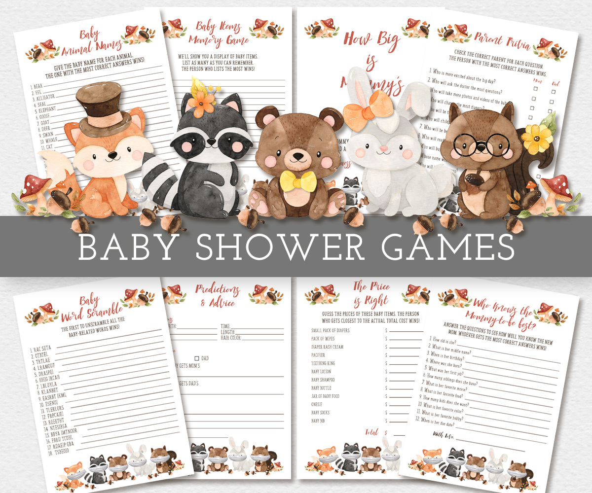Woodland baby shower games bundle features adorable baby forest animals