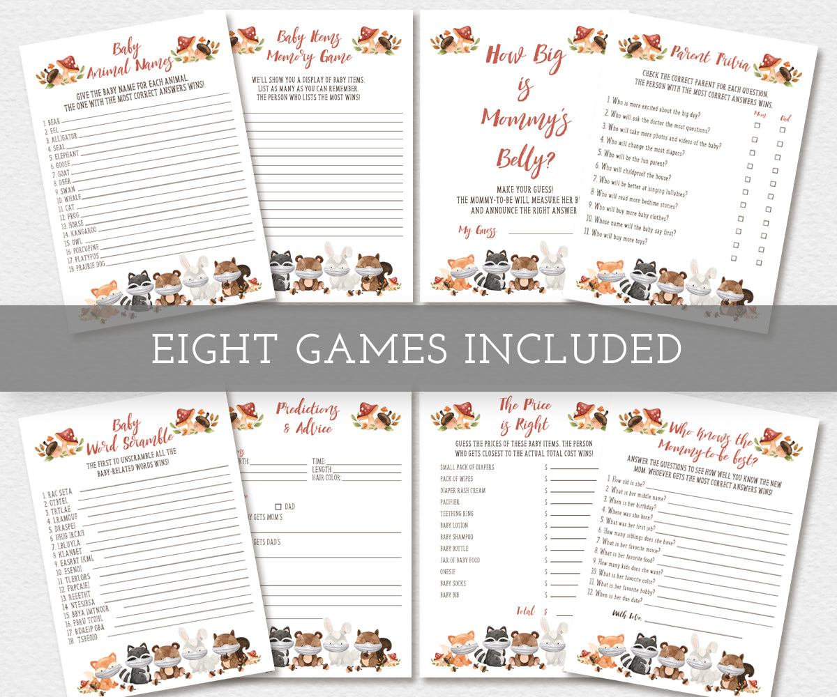 Eight games included, Woodland baby shower games bundle features adorable baby forest animals
