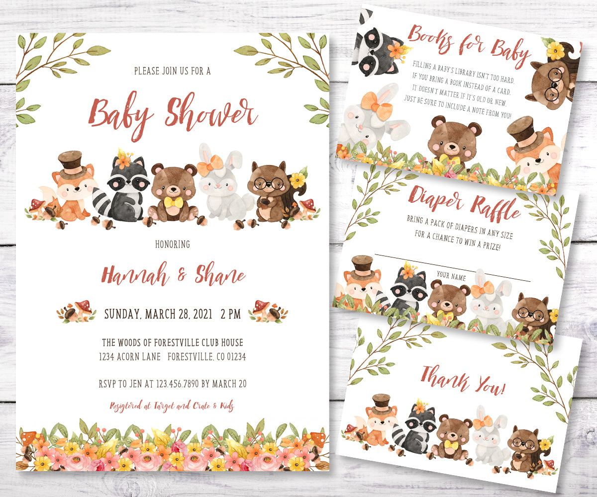 Woodland baby shower invitation template with baby forest animals, books for baby card, diaper raffle card, thank you card
