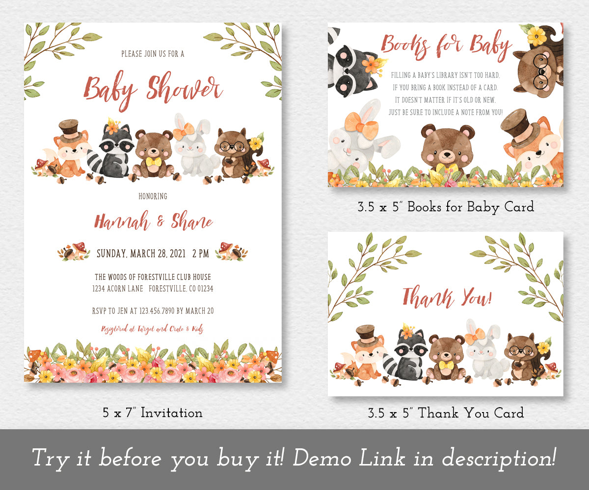 Woodland baby shower invitation and books for baby card with adorable woodland animals