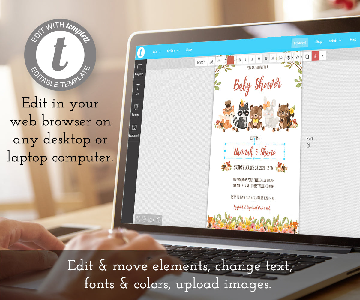 Edit online at templett, woodland baby shower invitation