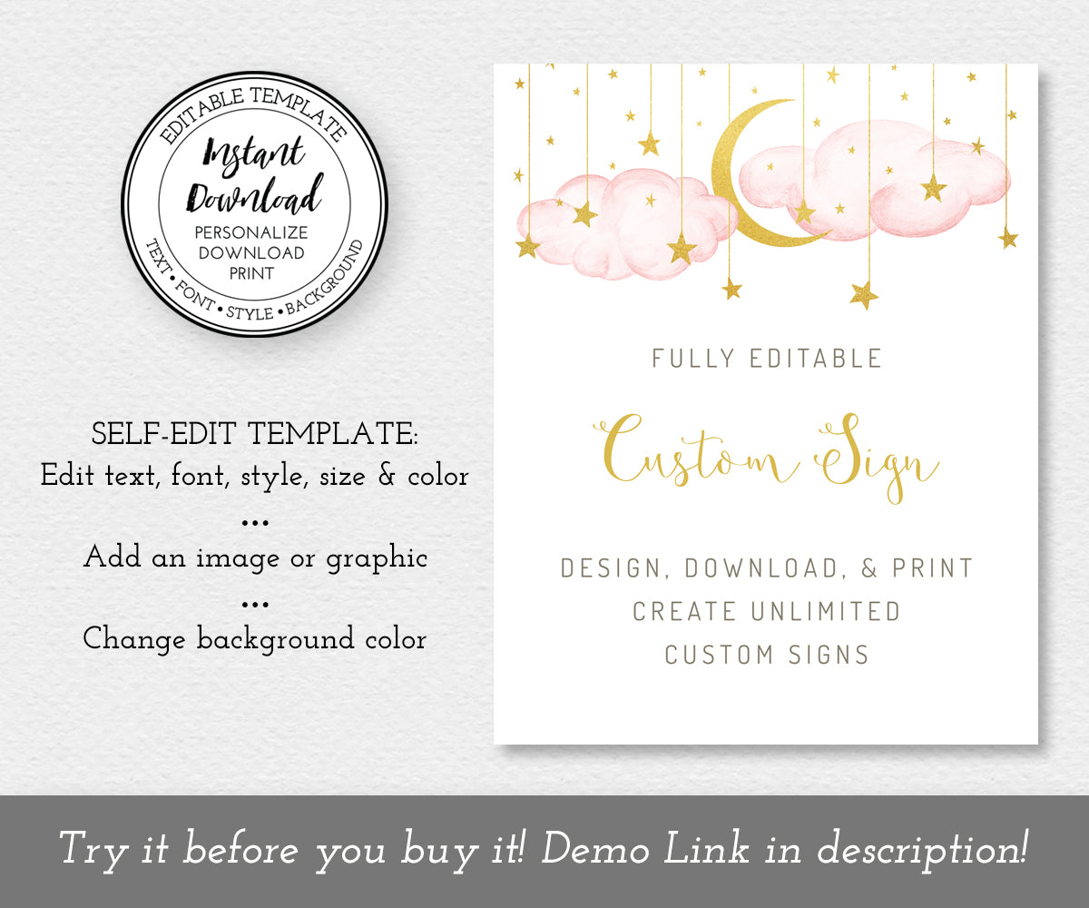 Pink clouds with gold moon and stars 8 x 10" custom sign template for twinkle twinkle little star baby shower. This template allows you to create unlimited custom signs in portrait orientation.