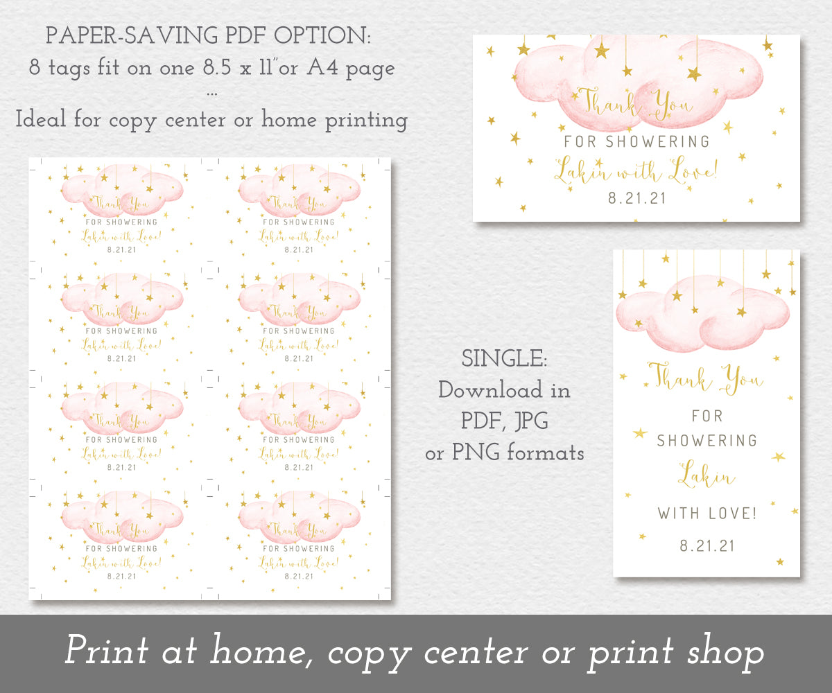 Twinkle twinkle little star favor tags for a girl baby shower. Tags have pink clouds with gold stars and gold script text. Favor tags are shown with multiples on a single 8.5 x 11 sheet to save paper and single tags in horizontal and vertical versions.