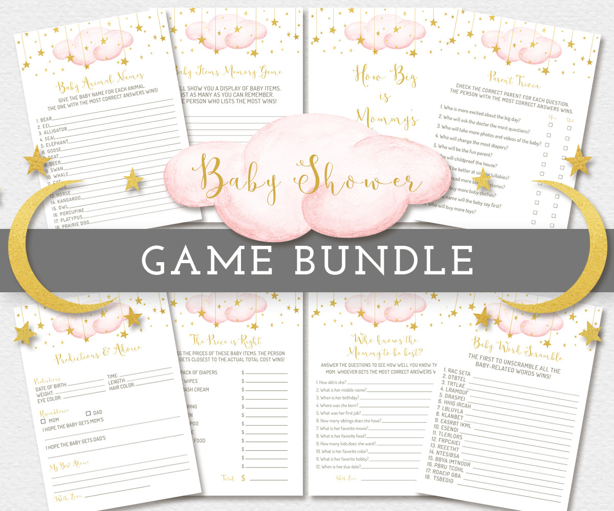 Twinkle twinkle little star, girl baby shower games bundle of 8 games. Game cards have pink clouds with gold stars.