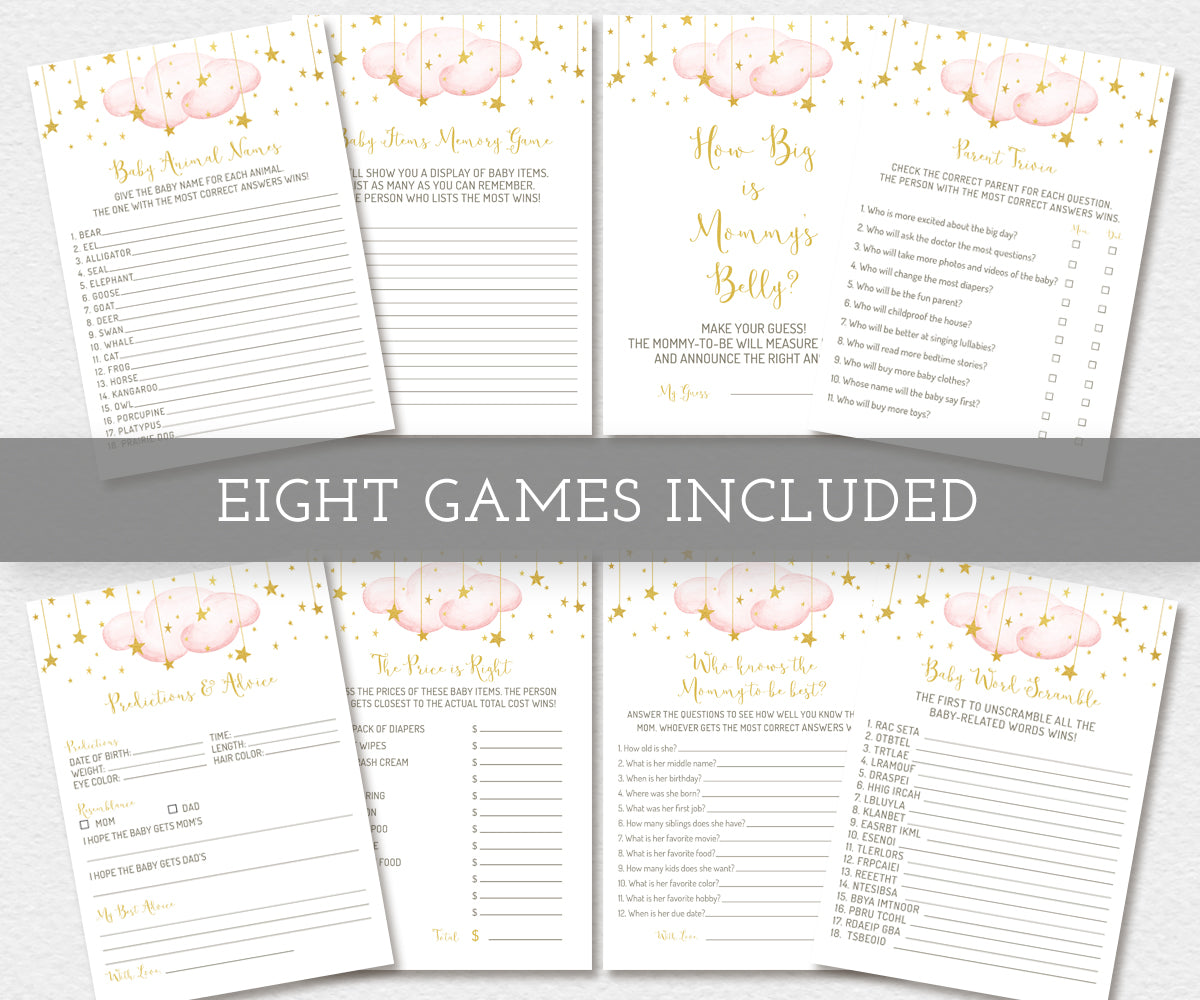 Twinkle twinkle little star, girl baby shower games bundle of 8 games. Game cards have pink clouds with gold stars. Games included: Baby Animal Names, Memory Game, How Big is Mommy's Belly, Parent Trivia, Predictions and Advice, The Price is right, Who knows Mommy Best, Baby Word Scramble