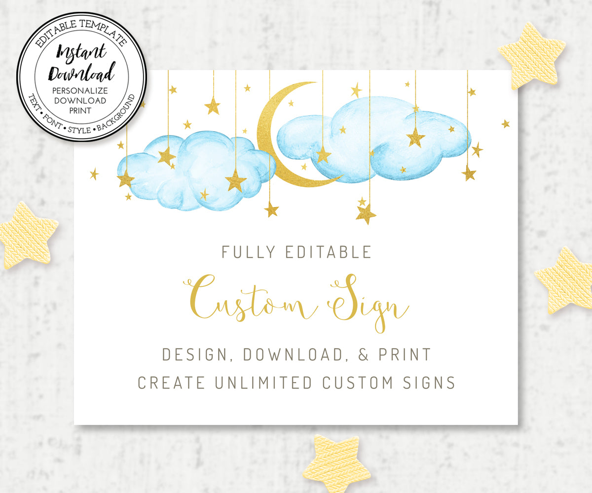 Twinkle twinkle little star custom sign, 10 x 8 inch,  blue clouds with gold moon and stars to create baby shower signs from Artful Life Designs