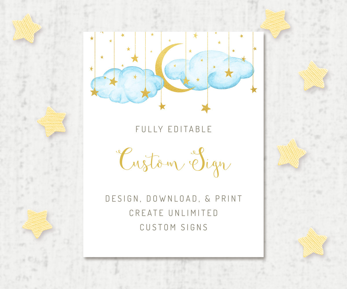 Twinkle twinkle little star custom baby shower sign editable template, blue clouds, gold moon and stars to create unlimited baby shower signs from Artful Life Designs