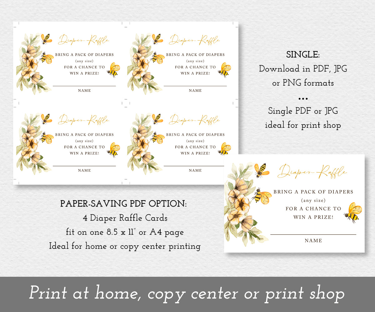 Bee Diaper Raffle entry card shown 4 on a sheet to save paper and as a single card