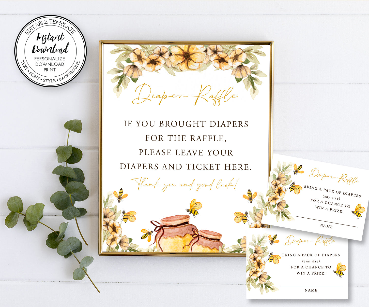 Bee diaper raffle game, sign and entry ticket for baby shower or gender reveal