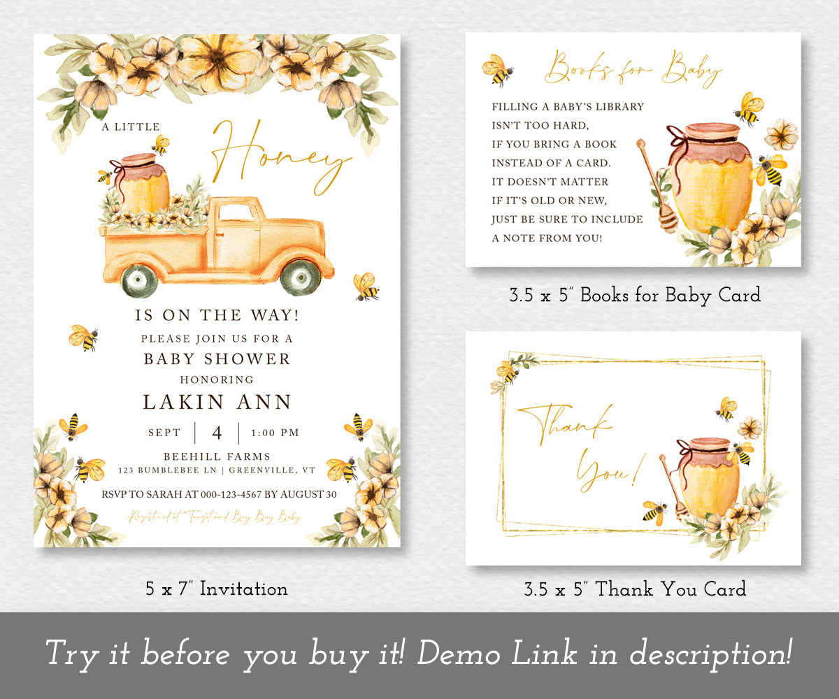 A little honey bee baby shower invitation, books for baby card and thank you card