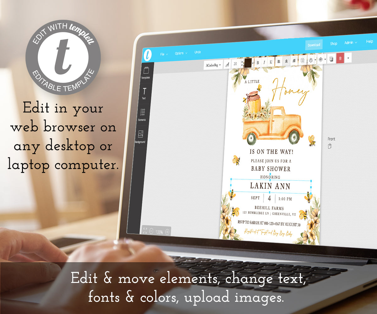 A little honey baby shower invitation being edited on a laptop computer using templett