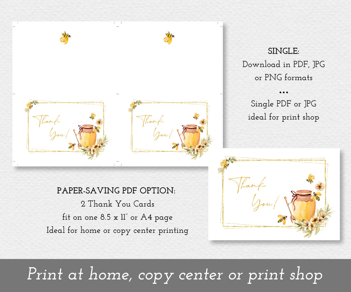 Bee baby shower thank you card shown 2 up on a sheet  and as a single card.
