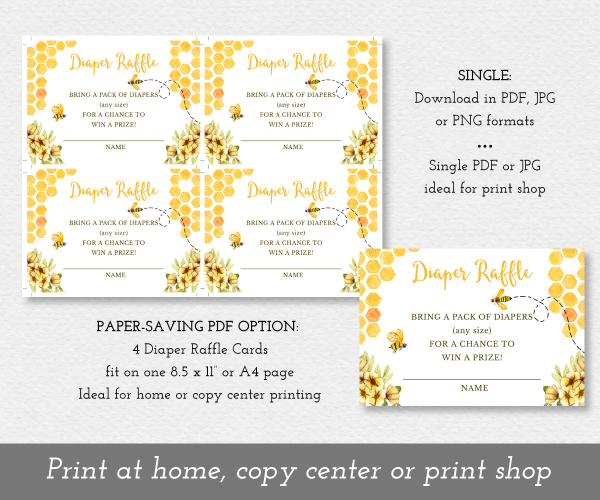 Bee diaper raffle entry cards shown 4 on a sheet to save paper and a single entry card