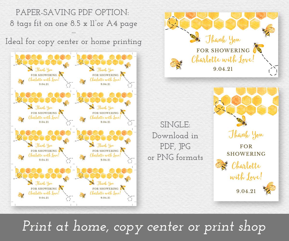 bee baby shower favor tags or favor labels shown 8 on a sheet and single tags