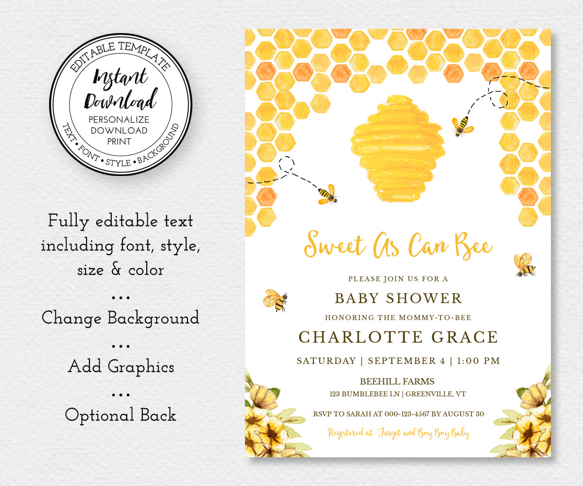 Sweet as can bee, baby shower invitation template with editable text and optional back