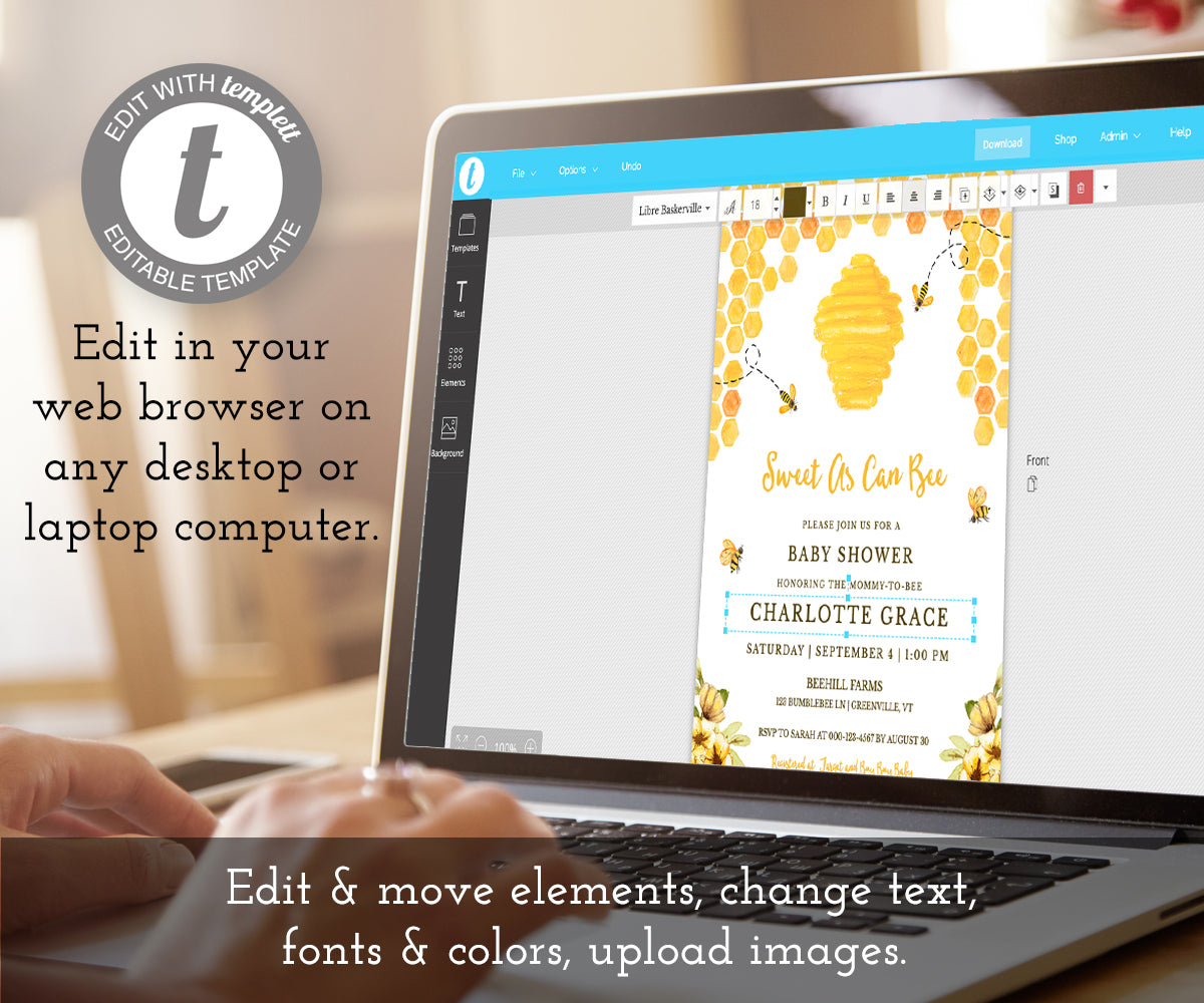 Sweet as can bee, bee baby shower invitation being edited on a laptop computer using templett