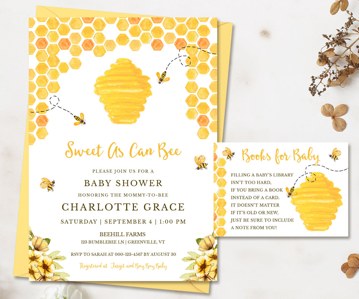 Sweet as can bee, Honey bee baby shower invitation and books for baby card with honey comb, beehive, honey bees and yellow flowers from Artful Life Designs