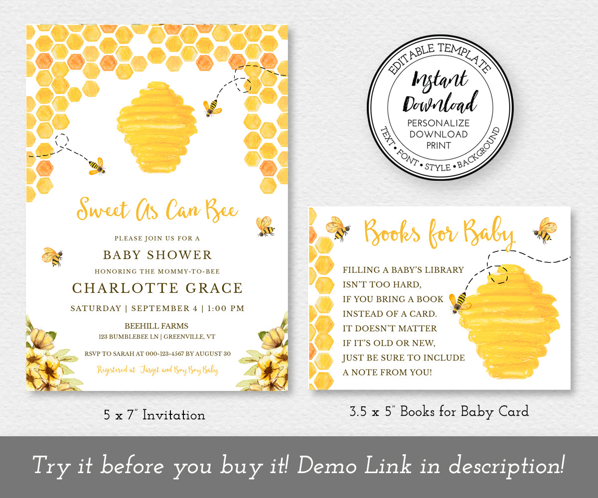 sweet as can bee baby shower invitation and books for baby card with honeycomb, beehive, bees and yellow flowers