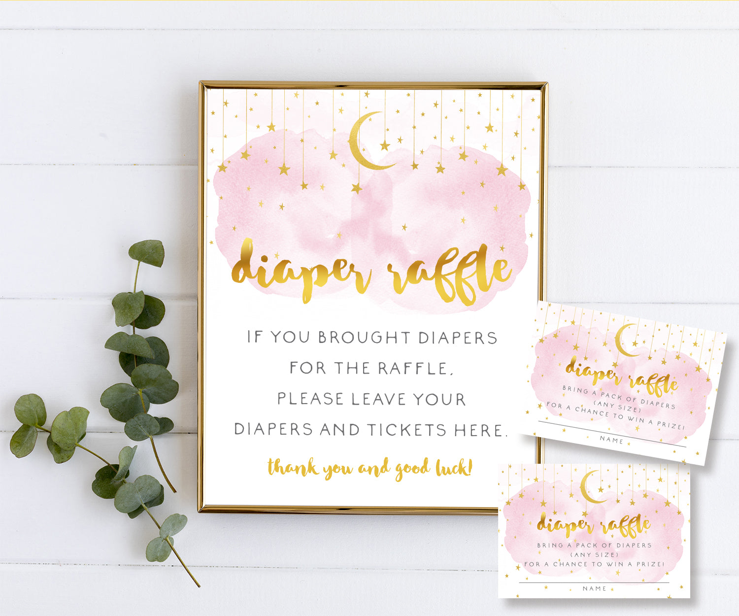 Artful Life Designs Diaper Raffle Sign and ticket with pink smoke, gold moon and stars, twinkle twinkle little star baby shower game templates