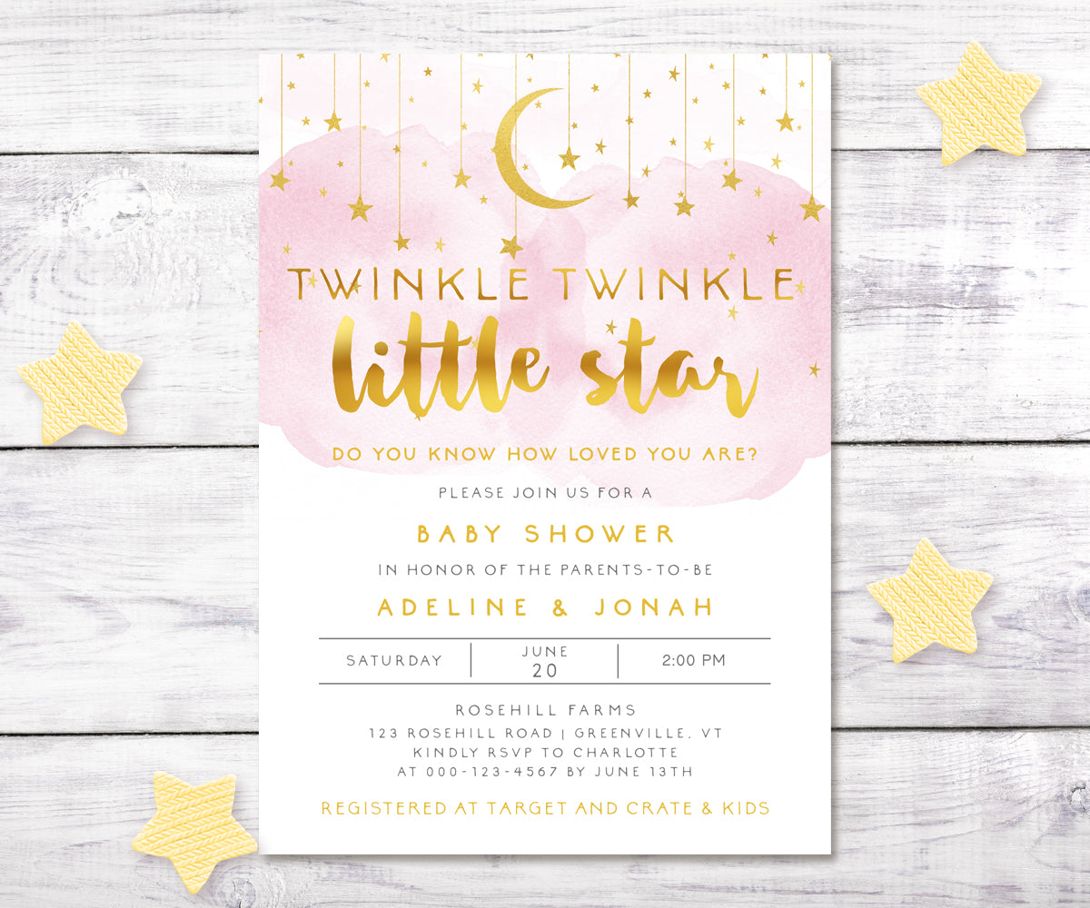 twinkle twinkle little star baby shower invitation from Artful Life Designs. Invitation has pink smoke with gold moon and stars