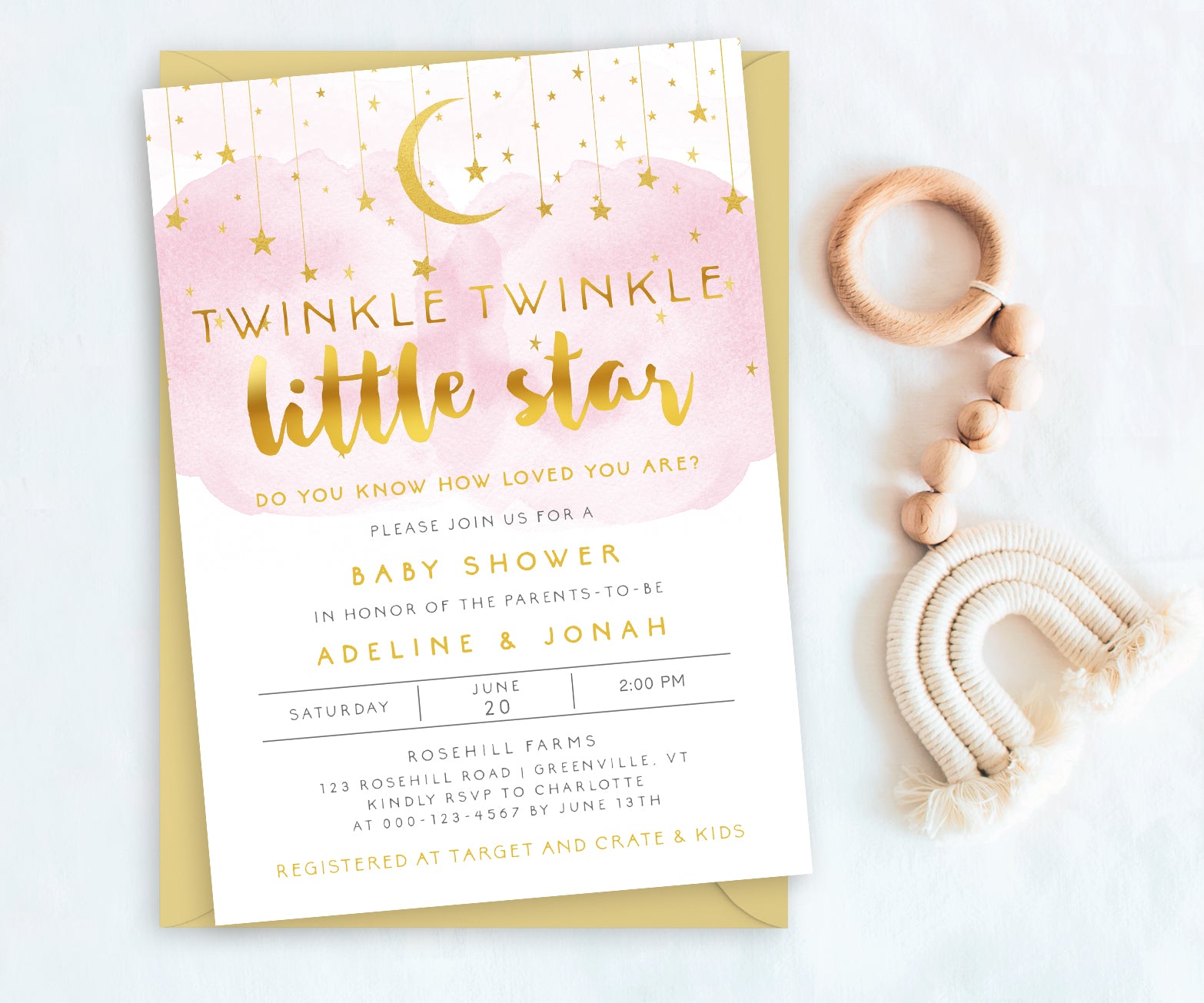 Twinkle twinkle little star 5 x 7 inch baby shower invitation with pink smoke, gold moon and stars