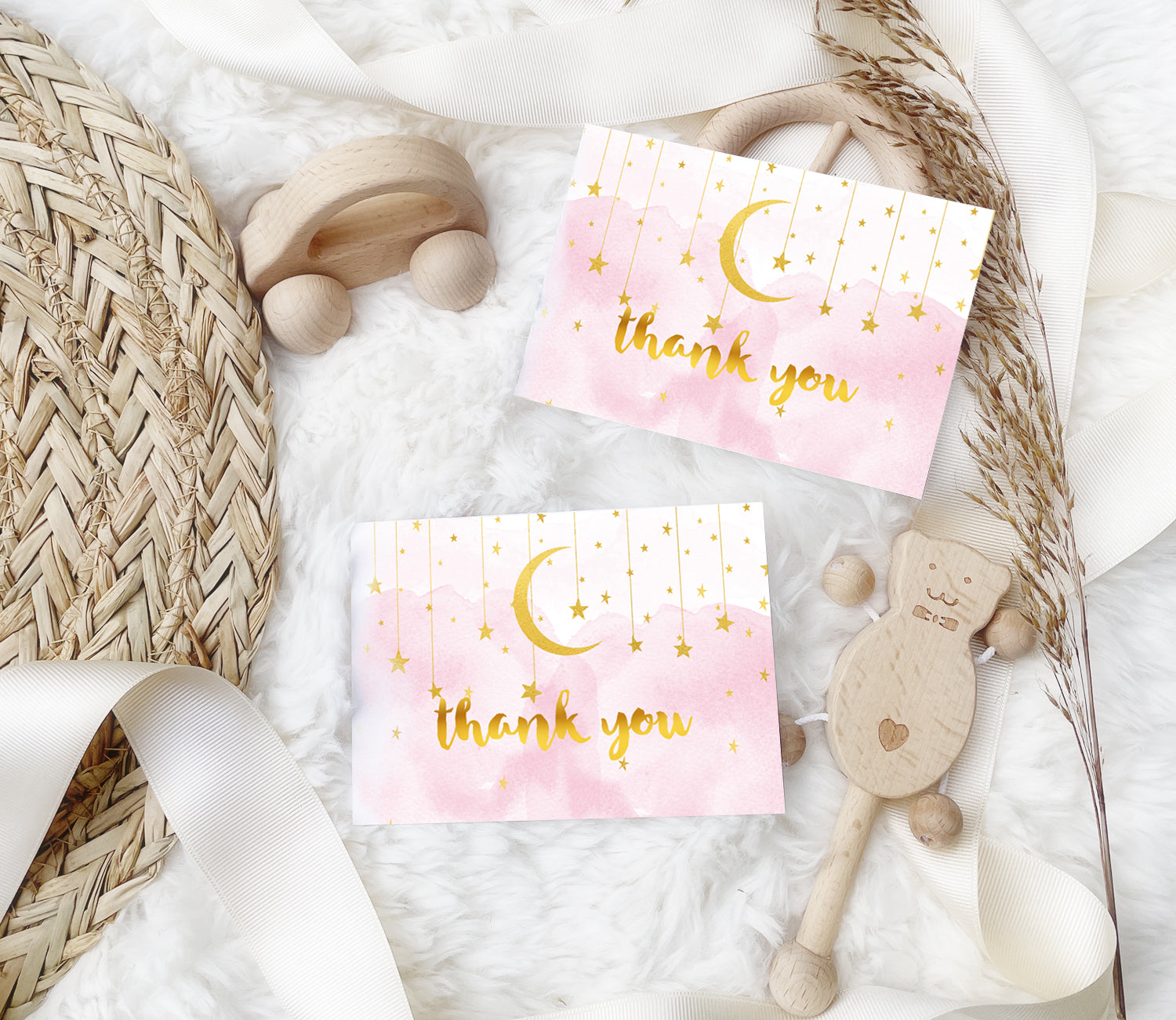 Baby Shower thank you card with pink smoke, gold moon and stars with gold thank you text for a baby girl shower from Artful Life Designs