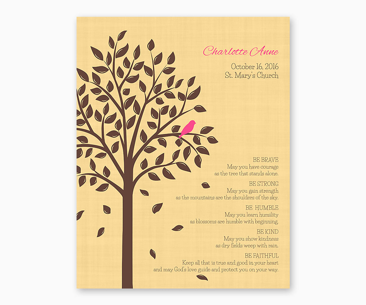 Personalized Baptism or Christening Tree with Baby Bird, Be Brave Verse, Girl Bird
