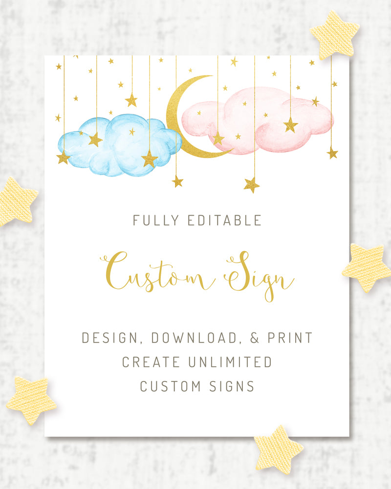 Gender reveal or baby shower custom sign template, portrait orientation with blue and pink clouds with gold moon and stars