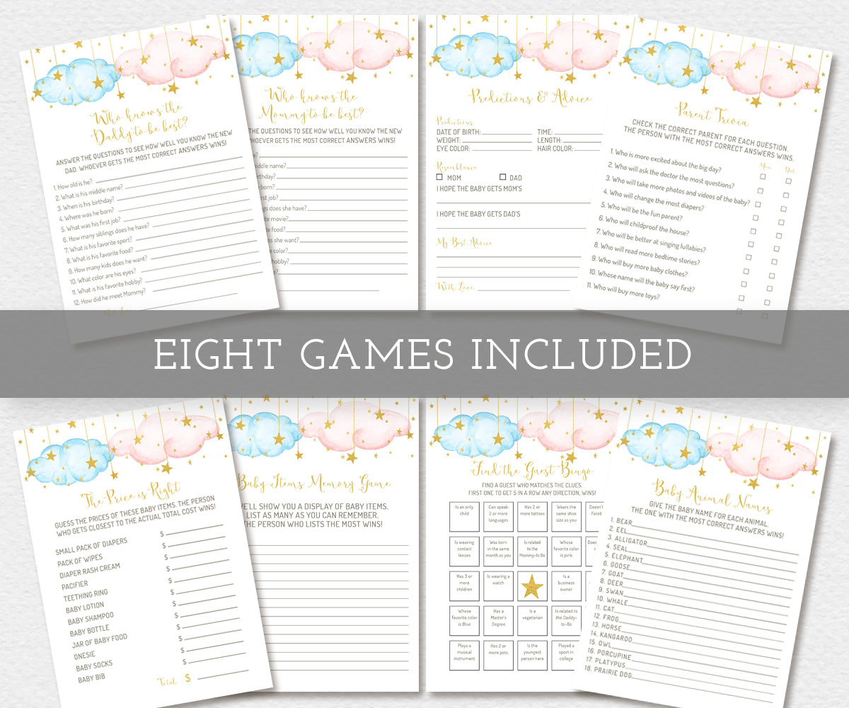 Blue and pink with gold stars 8 game set of gender reveal or baby shower games