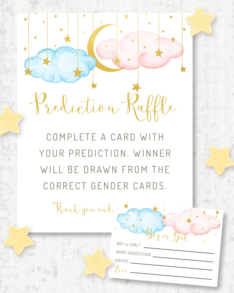 Gender Reveal Gender Prediction Game, Raffle sign and entry card with pink and blue clouds, gold moon and stars