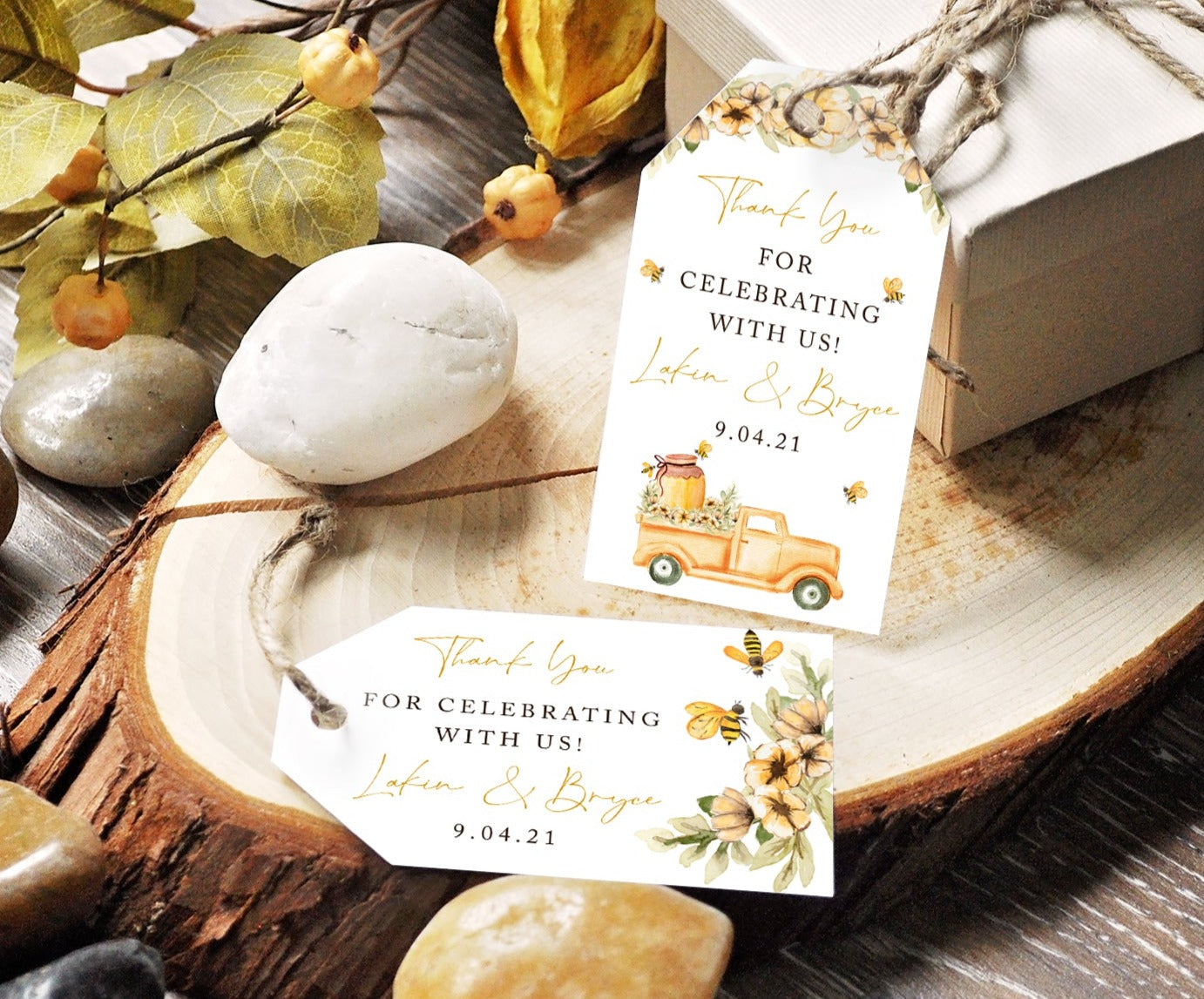 Honey bee gender reveal favor tags horizontal and vertical with bees, vintage truck, honey jar, yellow flowers