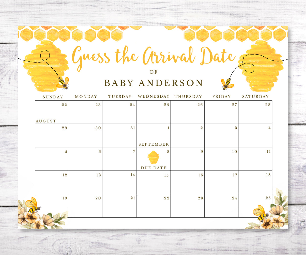 Bee Theme Baby Due Date Calendar, Guess Baby Arrival Date Shower Game, Editable Template