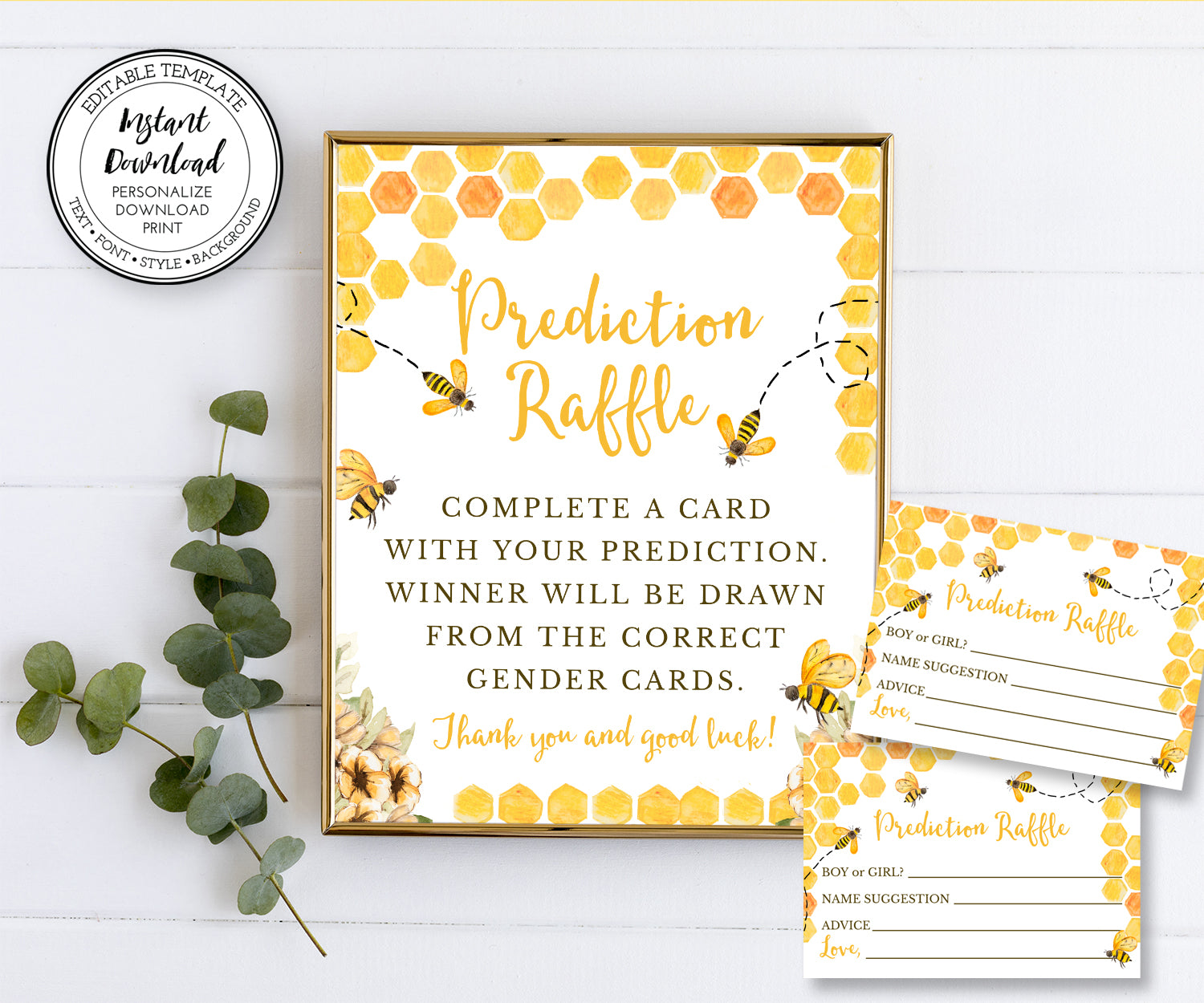 Bee baby gender prediction sign and raffle entry card with honeycomb and buzzing bees