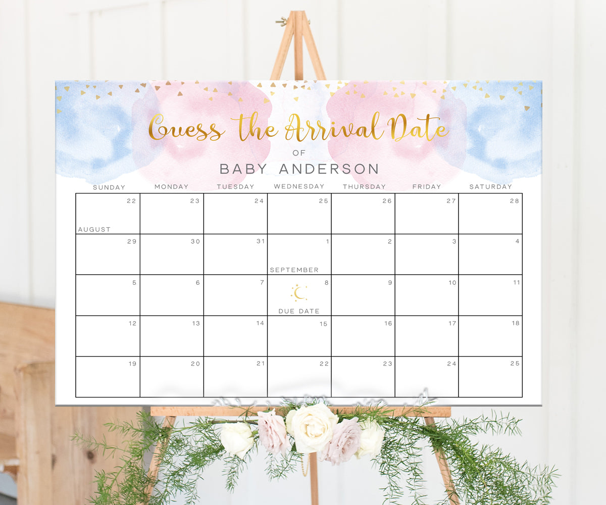 blue and pink  baby due date calendar, guess the arrival date gold text and gold confetti