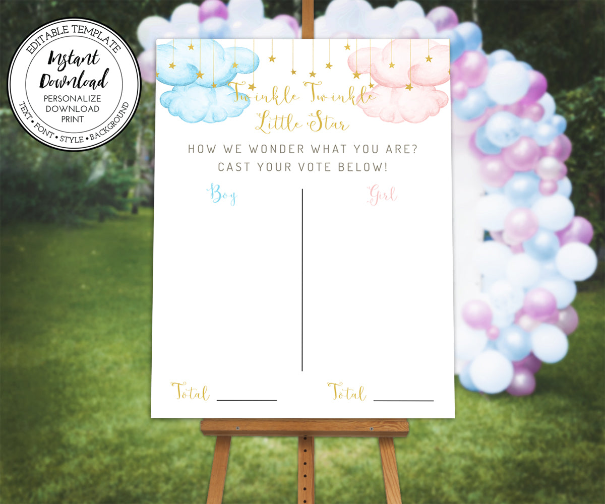 twinkle twinkle little star how we wonder what you are, gender reveal game, gender prediction voting sign