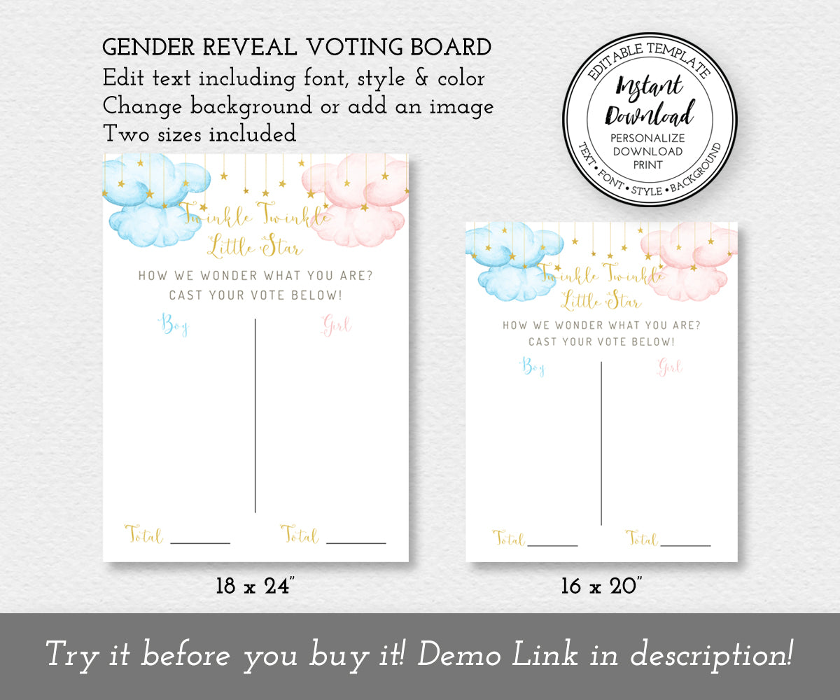 Gender reveal voting board editable template, twinkle twinkle little star theme gender reveal game sign